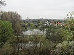 Oba Stawy pod Królikarnią, widok ze skarpy; na pierwszym planie staw bez nazwy, na drugim Staw pod Królikarnią