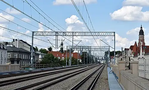 Widok z przystanku na północ, kierunek Kraków Główny. Wiadukt nad ul. Grzegórzecką za nim Wesoła.