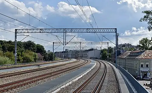 Widok z przystanku na południe, kierunek Tarnów. Po lewej Grzegórzki, po prawej Kazimierz.