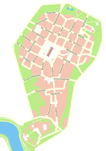 Mapa konturowa Starego Miasta w Krakowie, u góry po prawej znajduje się punkt z opisem „Jama Michalika”