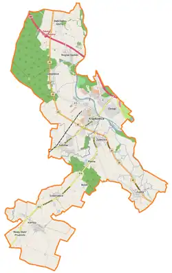 Mapa konturowa gminy Krapkowice, na dole nieco na lewo znajduje się punkt z opisem „Jarczowice”