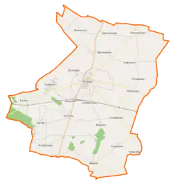 Mapa konturowa gminy Krobia, po lewej znajduje się punkt z opisem „Pudliszki”