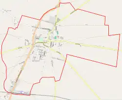 Mapa konturowa Krobi, blisko centrum na lewo u góry znajduje się punkt z opisem „Parafia św. Mikołaja”