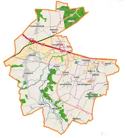 Mapa konturowa gminy Krotoszyce, na dole nieco na lewo znajduje się punkt z opisem „Zamek w Krajowie”