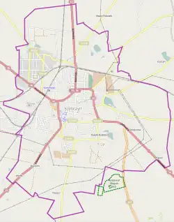 Mapa konturowa Krotoszyna, w centrum znajduje się punkt z opisem „Parafia Świętych Apostołów Piotra i Pawła w Krotoszynie”