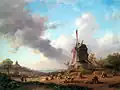 Zomerlandschap met oogstende boeren bij een windmolen, 1850