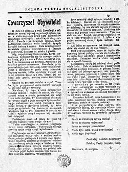  Stary wydruk / broszura prezentująca tekst odezwy Polskiej Partii Socjalistycznej z 1906 roku. Zaczyna się nagłówkiem "Towarzysze! Obywatele!"