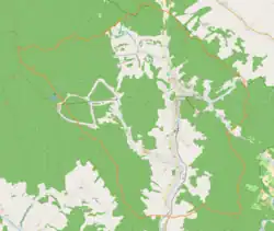 Mapa konturowa Krynicy-Zdroju, po prawej znajduje się punkt z opisem „Kopiec Pułaskiego w Krynicy-Zdroju”