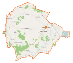 Mapa konturowa gminy Krypno, na dole nieco na lewo znajduje się punkt z opisem „Morusy”