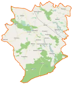 Mapa konturowa gminy Krzęcin, po lewej znajduje się punkt z opisem „miejsce bitwy”