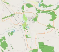 Mapa konturowa Krzepic, po lewej nieco u góry znajduje się punkt z opisem „Krzepice”