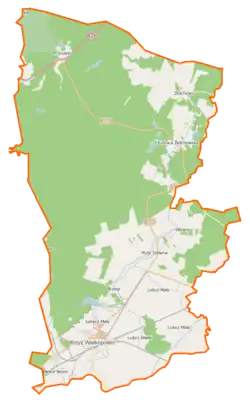 Mapa konturowa gminy Krzyż Wielkopolski, blisko dolnej krawiędzi po lewej znajduje się punkt z opisem „Bielice Nowe”
