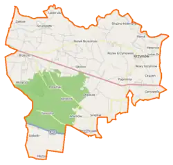 Mapa konturowa gminy Krzymów, blisko centrum po lewej na dole znajduje się punkt z opisem „Ignacew”