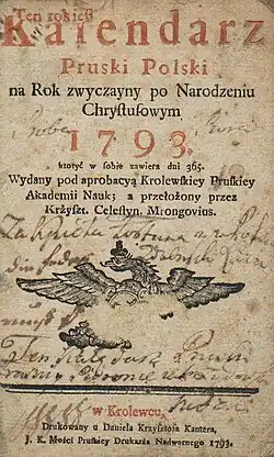 Kalendarz Pruski Polski w&nbsp;przekładzie polskim K. C. Mrongowiusza, wydany w&nbsp;1793