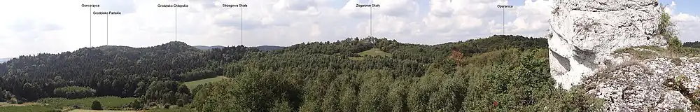 Widok na Strzegową Skałę i inne wzniesienia ze skały Krzywość