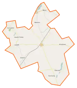 Mapa konturowa gminy Książki, po lewej nieco na dole znajduje się punkt z opisem „Zaskocz”