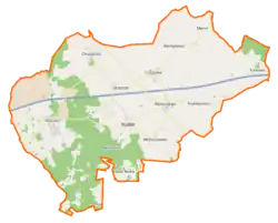Mapa konturowa gminy Kuślin, blisko centrum na dole znajduje się punkt z opisem „Michorzewko”