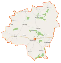 Mapa konturowa gminy Kuczbork-Osada, blisko centrum na lewo u góry znajduje się punkt z opisem „Gościszka”