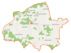 Mapa konturowa gminy Kulesze Kościelne, blisko centrum na prawo znajduje się punkt z opisem „Chojane-Piecki”