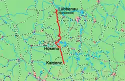Mapa przebiegu linii kolejowej 6193 (Lübbenau–Senftenberg), 6198 (Brieske–Hosena), 6194 (Hosena–Kamenz)