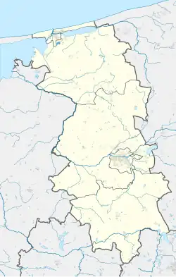 Mapa konturowa powiatu lęborskiego, blisko centrum na prawo znajduje się punkt z opisem „Garczegorze”