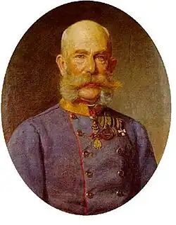 Kaiser Franz Joseph I. vom Österreich in Feldmarschallsuniform, dekoriert mit dem Orden vom Goldenen Vlies (1891); olej na płótnie, 66×53 cm