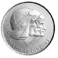 Moneta 10 litów wyemitowana z okazji 60. rocznicy śmierci Girėnasa i Dariusa z 1993 roku