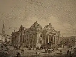 Rycina przedstawiająca neoklasycystyczny budynek Giełdy Brukselskiej.
