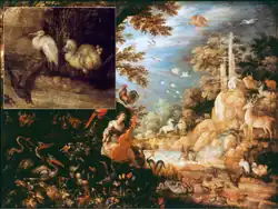 Obraz przedstawiający różne zwierzęta i ludzi w lesie, w tym białawego dodo