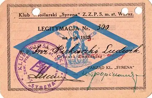 Legitymacja klubowa z 1932