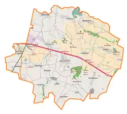 Mapa konturowa gminy Legnickie Pole, u góry znajduje się punkt z opisem „Koskowice”