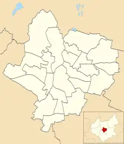 Mapa konturowa Leicesteru, w centrum znajduje się punkt z opisem „Leicester Arena”