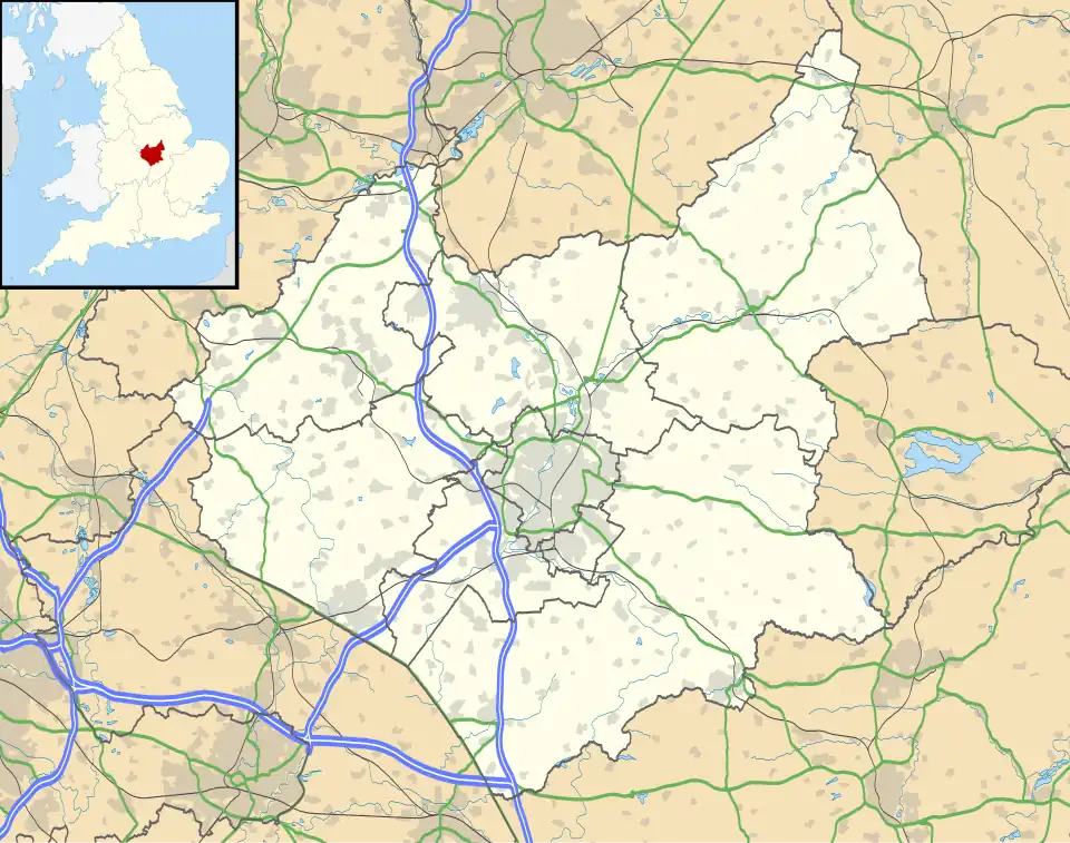 Mapa konturowa Leicestershire, blisko centrum na prawo znajduje się punkt z opisem „Hungarton”