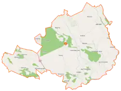 Mapa konturowa gminy Lelis, w centrum znajduje się punkt z opisem „Lelis”