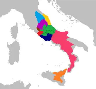 Mapa. Kontury Italii. Różnokolorowe obszary