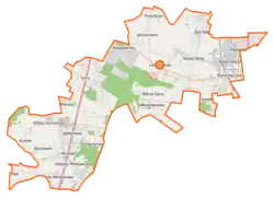 Mapa konturowa gminy Lesznowola, blisko górnej krawiędzi znajduje się punkt z opisem „Podolszyn”