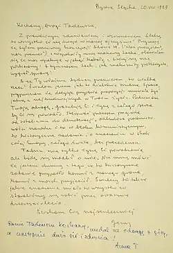 Odręcznie pisany list z nagłówkiem Kochany, Drogi Tadeuszu. Po podpisie autora listu – Jerzego dopisek Anny T.