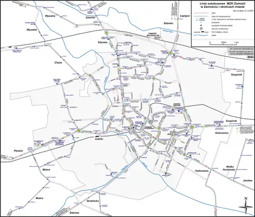 Plan Zamościa i okolic z trasami linii MZK Zamość