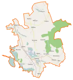 Mapa konturowa gminy Lipiany, po prawej nieco na dole znajduje się punkt z opisem „Brzostowo”
