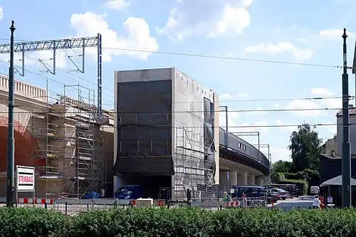 Przystanek Kraków Grzegórzki w trakcie budowy w 2023 roku, widok z ul. J. Dietla