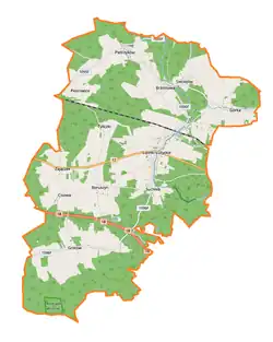 Mapa konturowa gminy Lipinki Łużyckie, u góry znajduje się punkt z opisem „Brzostowa”