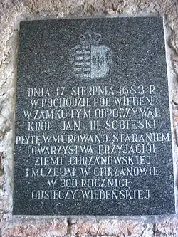 Tablica upamiętniająca wizytę Jana III Sobieskiego na zamku w sierpniu 1683 r.