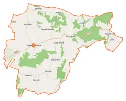 Mapa konturowa gminy Lipowiec Kościelny, na dole znajduje się owalna plamka nieco zaostrzona i wystająca na lewo w swoim dolnym rogu z opisem „Stawy w Rumoce”