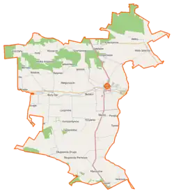 Mapa konturowa gminy Lipsko, blisko centrum na prawo znajduje się punkt z opisem „Lipsko”