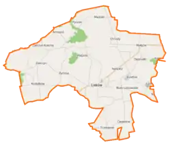 Mapa konturowa gminy Lisków, po lewej znajduje się punkt z opisem „Zakrzyn”