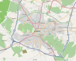 Mapa konturowa Lublany, blisko centrum u góry znajduje się punkt z opisem „Stadion Bežigrad”