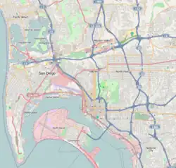 Mapa konturowa San Diego, blisko centrum na dole znajduje się punkt z opisem „San Diego”