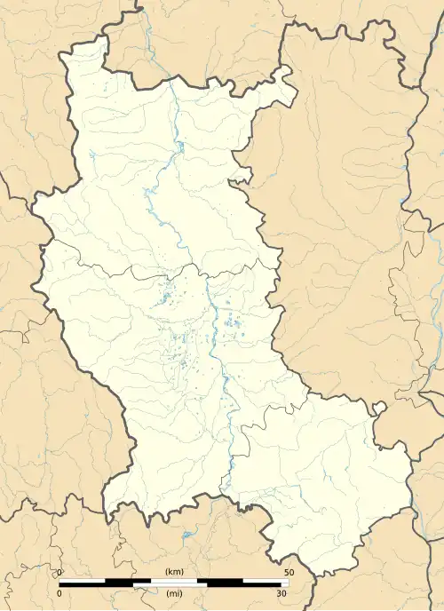 Mapa konturowa departamentu Loara, w centrum znajduje się punkt z opisem „Balbigny”