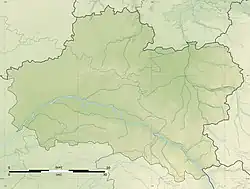 Mapa konturowa Loiret, blisko centrum u góry znajduje się punkt z opisem „miejsce bitwy”