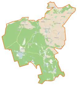 Mapa konturowa gminy Lubichowo, blisko górnej krawiędzi nieco na prawo znajduje się punkt z opisem „Szteklin”